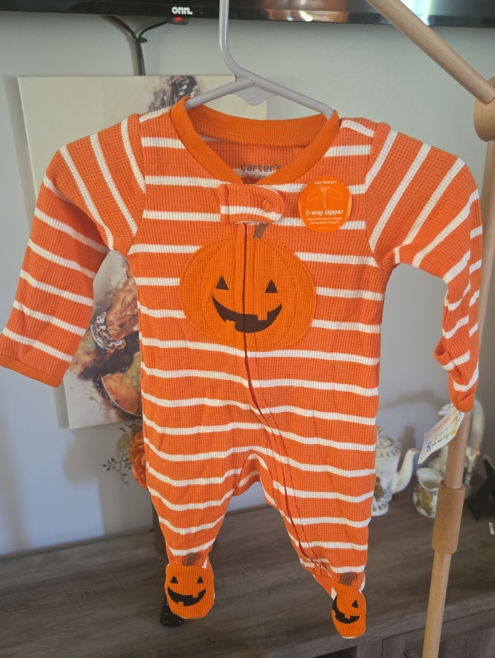 Carter's Orange & White Striped Pumpkin Footed One-Piece